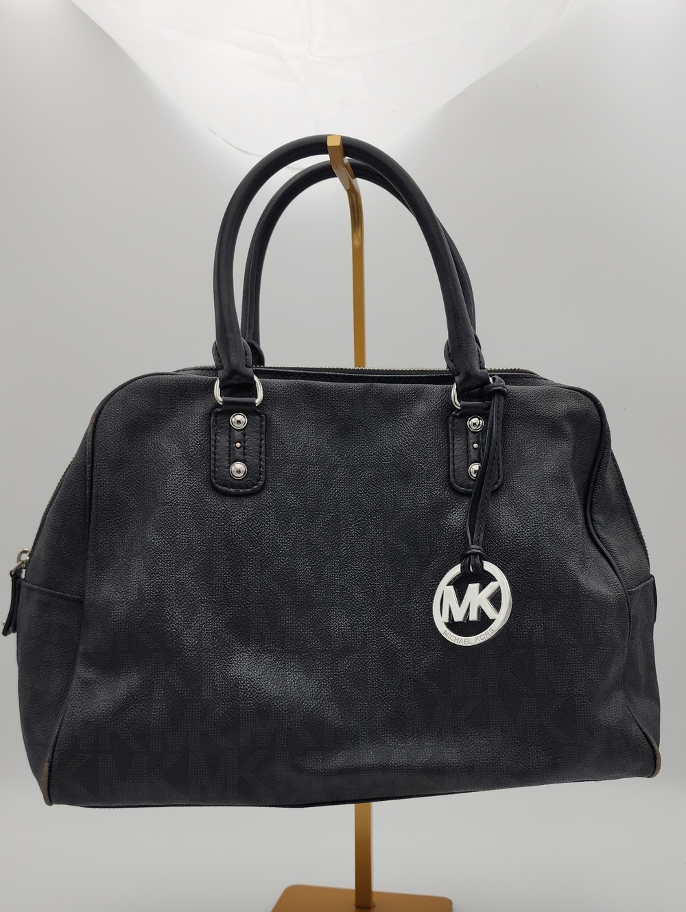 Michael Kors Black Pebbled‎ Leather Satchel with Silver MK Charm